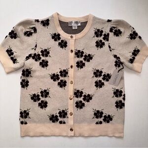 NWT Cottagecore Cream Burgundy Floral Knit Short Sleeve Puff Shoulder Cardigan M